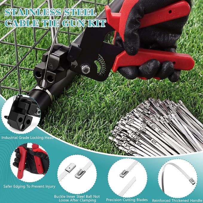 LEIFIDE Stainless Steel Cable Tie Gun Set 200 Pcs 11.8 Inch Heavy Duty Metal Zip Tie Adjustable Fastening Cutting Tool for Outdoor Exhaust Wrapping Fence Workshop(Silver, Red)