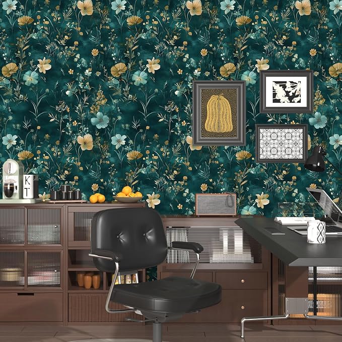 Floral Leaf Vintage Wallpaper Peel and Stick 17.5" x 118", Teal Gold | Self Adhesive/Removable/Waterproof/Thick Vinyl Contact Paper for Bathroom Bedroom Shelf Cabinet Drawer,Prepasted,Easy Peel