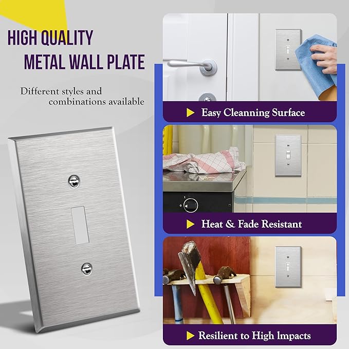 ENERLITES Toggle Light Switch Metal Midway Size Wall Plate, Corrosion Resistant, Mid-Size 1-Gang 4.88" x 3.11", UL Listed, 7711M, 430 Stainless Steel, Silver