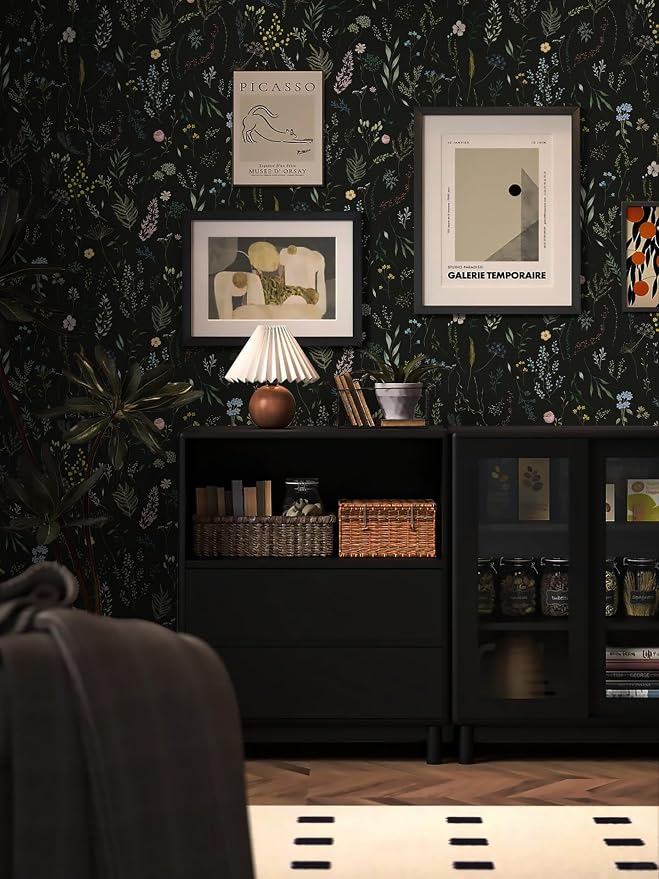 Dimoon 78.7"x16.1" Floral Peel and Stick Wallpaper Black Contact Paper Thicken Wallpaper Delicate Flower Waterproof Green Leaf White Self Adhesive Removable Wall Paper Shelf Liner Decal Vinyl Roll
