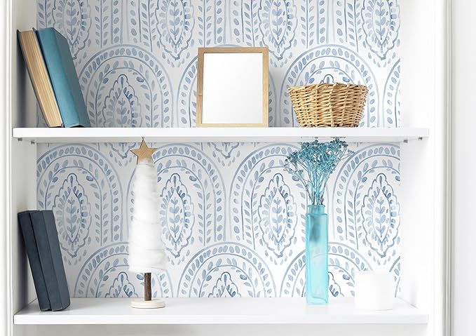 EeeComing Blue Peel and Stick Wallpaper Boho Wall Paper Peel and Stick Modern Contact Paper Self Adhesive Wallpaper for Bedroom and Bathroom Removable Cabinet Shelf Liner Vinyl 17.3”X393”