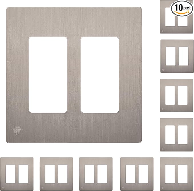 ENERLITES Elite Series Screwless Decorator Wall Plate Child Safe Outlet Cover, Glossy, Size 2-Gang 4.68" H x 4.73" L, Unbreakable Polycarbonate Thermoplastic, SI8832-BNK-10PCS, Brushed Nickel 10 Pack