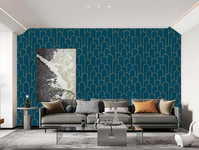 Yasinet Peel and Stick Wallpaper Stripe Removable Blue Contact Paper Blue/Gold Geometric Self Adhesive Decorative for Wall Countertop Cabinet Furniture Vinyl Film 17.3''x393.7''