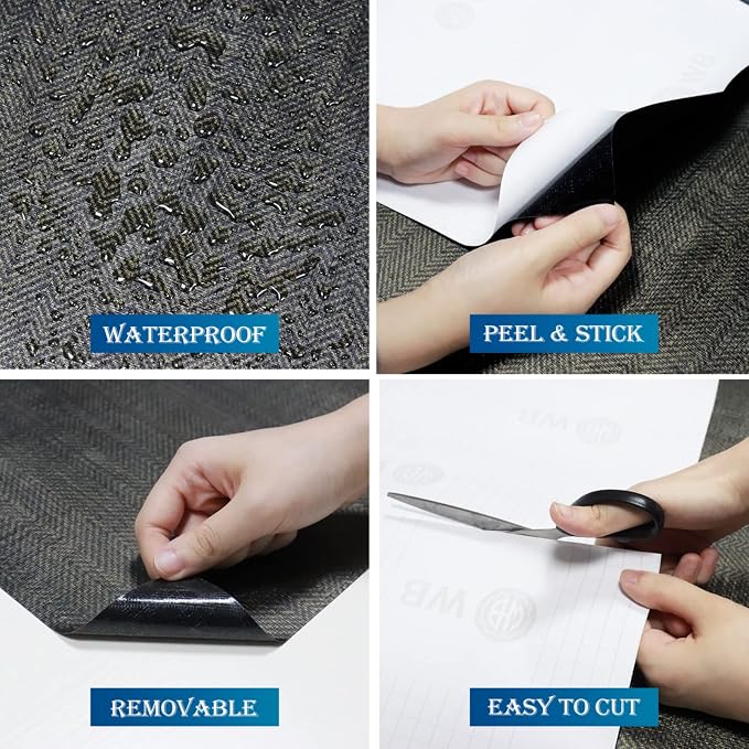 FunStick 24"x200" Black and Gold Peel and Stick Wallpaper Removable Geometric Grasscloth Wallpaper Fabric Grass Cloth Black Contact Paper Self Adhesive Wallpapers for Bedroom Cabinets Drawers Shelves