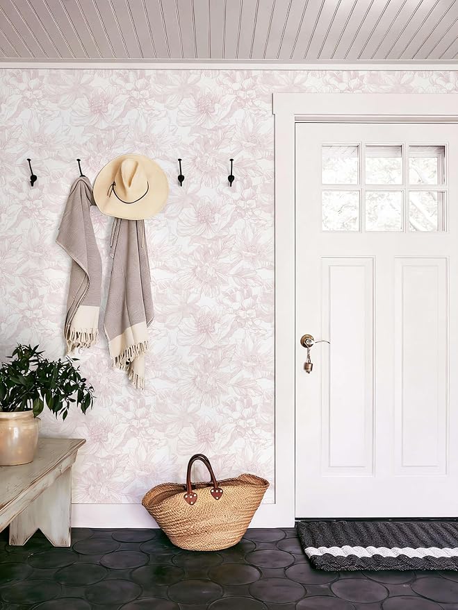 393"x17.3" Peel and Stick Wallpaper Floral Contact Paper Boho White Pink Flower Wallpaper Removable Wall Paper Self Adhesive Modern for Cabinets Drawers Bedroom Thicken Vinyl