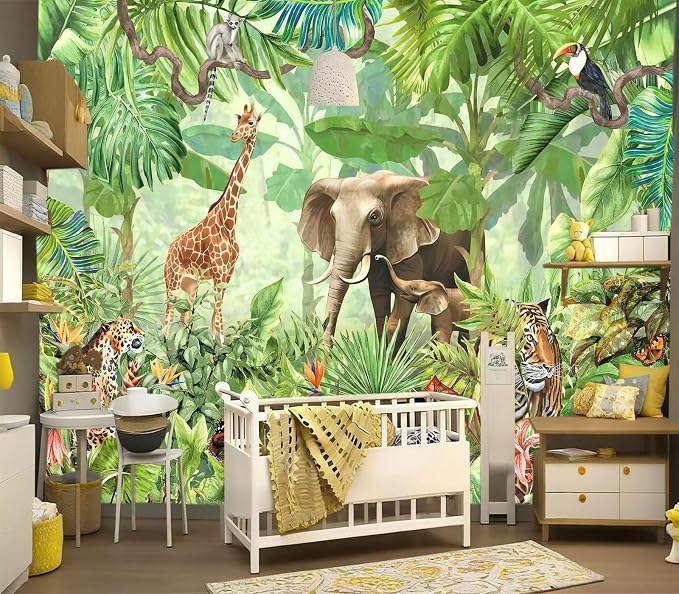 YIHWM-Peel and Stick Animal Wallpaper Tropical Rainforest Zoo Theme Mural | Tear-resistant,with a substantial feel;Will not be damaged during repositioning.Boy's Room,kids room wallpaper.XXL-183"x120"