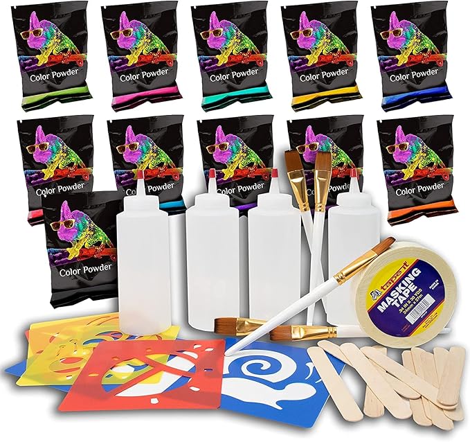 Chameleon Colors Ultimate Sidewalk Chalk Paint Kit, Fun, Washable Art Supplies, 11 Colorful Chalk Powders, 4 Squeeze Bottles, 5 Brushes, 10 Stir Sticks, 6 Stencils & 1 Roll of Masking Tape