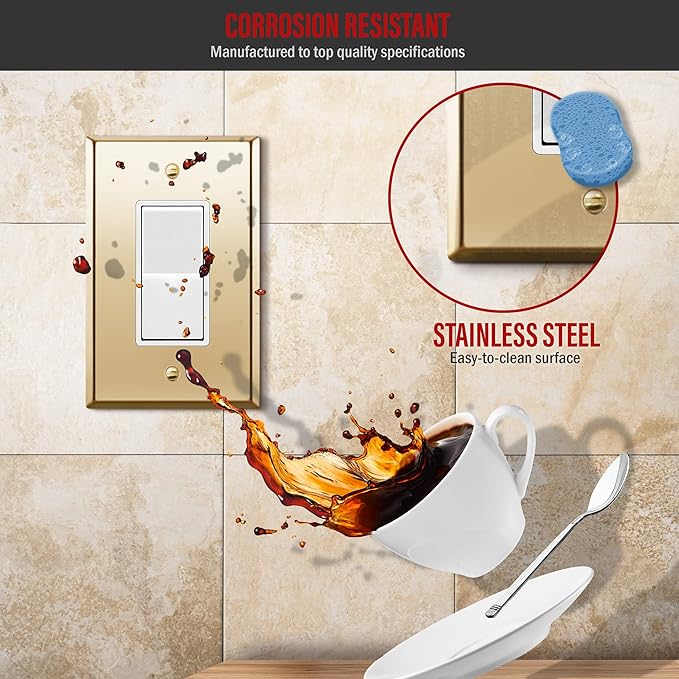 ENERLITES Decorator Switch or Receptacle Metal Wall Plate, Stainless Steel Outlet Cover, Corrosion Resistant, Mid-Size 1-Gang 4.88" x 3.11", Stainless Steel 201, 7731M-PB, Polished Brass