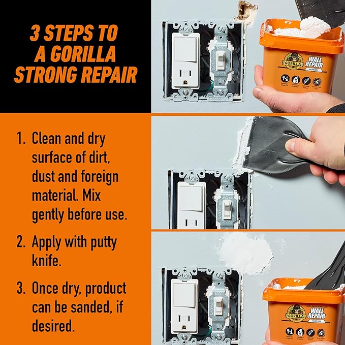 Gorilla Heavy Duty Wall Repair Spackling + Primer, 16 Ounce Tub,White