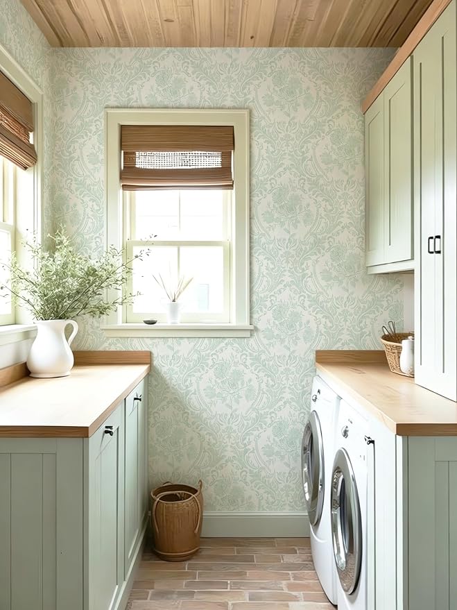 Ismoon Floral Wallpaper Peel and Stick Sage Green Contact Paper Boho Vintage Watercolor Damask Wallpaper Textured Removable Self Adhesive Vinyl Wall Paper for Bedroom, 17.3 in X 6.5 ft