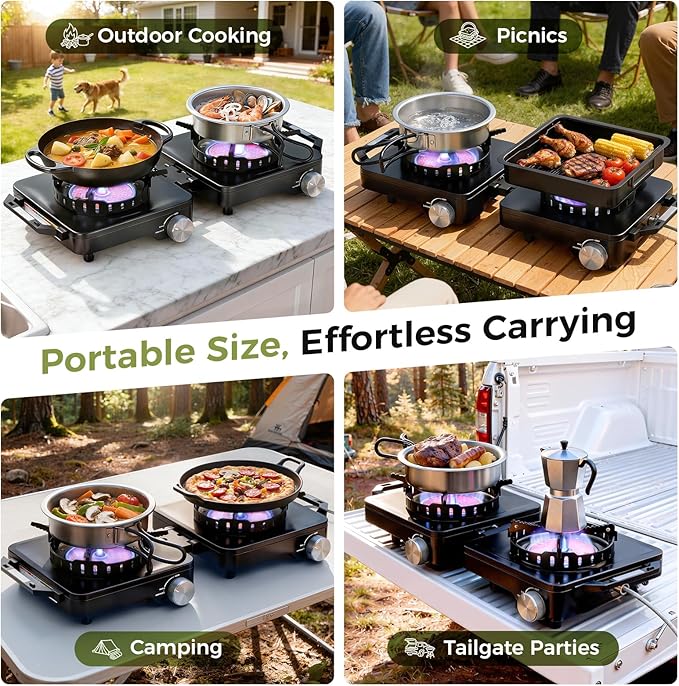 MoKo Propane Camping Stove 2 Burner, 36,000 BTU Infrared & Open Flame Hybrid, Windproof Folding Portable Outdoor Gas Cooking Kit with Frying Pan & Carry Bag For RV, Tailgating, Survival, Black