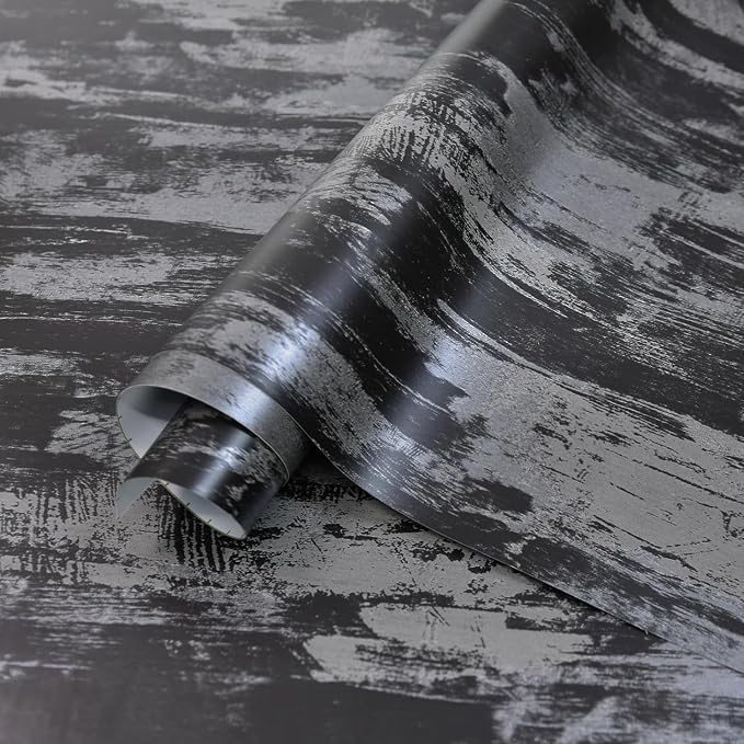 BOMENG Large Black Concrete Peel and Stick Industrial Wallpaper 48"x354" Cement Contact Paper with Air Guide Slot Design Glossy Industrial Wall Paper for Bathroom,Living Room, bar, Hotel, Coffee Shop