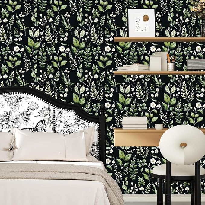 Danodoi Black Green Vintage Leaf Peel and Stick Wallpaper 17.5" x 393" | Waterproof Vinyl Self Adhesive Removable Renter Friendly Floral Contact Paper