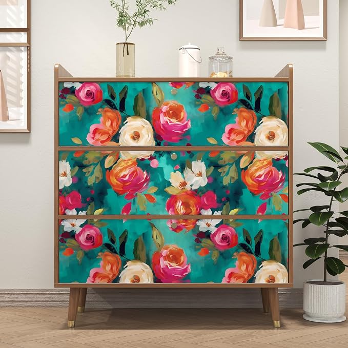 BOKEBEVE Floral Wallpaper Peel and Stick Boho Teal Blue 17.5 x 118In | Removable Self Adhesive Renter Friendly Vibrant Watercolor Wall Paper for Bedroom Bathroom Living Room Feature Accent Wall