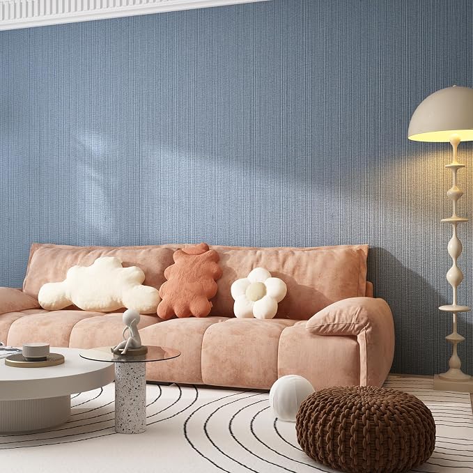 Blue Grey Faux Grasscloth Wallpaper Peel and Stick Linen Textured 24"x394" Upgraded Thick Self-Adhesive Waterproof Neutral Decorative Contact Paper Vinyl Film Roll for Wall Bedroom Kitchen