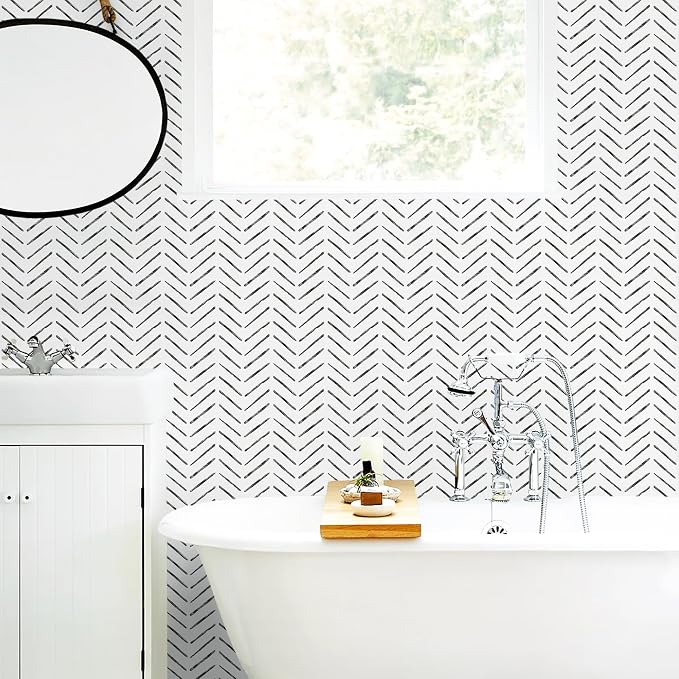 Rugreat Black Herringbone Peel and Stick Wallpaper Modern 78.8inL17.3inW | Stripe Contact Paper for Cabinets Neutral Self Adhesive Removable Wallpaper for Bedroom Bathroom Waterproof Black and White