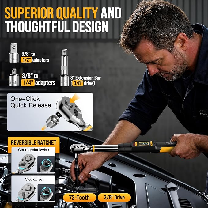 3/8 Digital Torque Wrench Set for Automotive 0-220Nm ±1% Precision | 1/2 1/4 3/8 Drive, LED+Buzzer Alerts, 10 Presets & 400 Data Logs, Preset/Real-Time/Peak/Modes for Car Repair & Maintenance