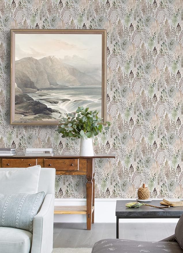 RoomMates RMK12331PLW Taupe Watercolor Tree Mosaic Peel and Stick Wallpaper, Beige/Grey