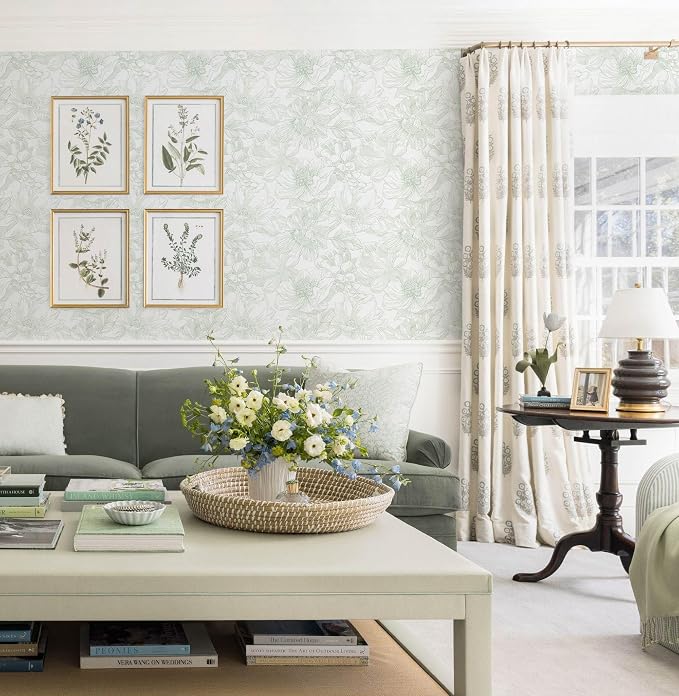 17.3"x236.2" Peel and Stick Wallpaper Green Floral Wallpaper White Boho Modern Contact Paper Removable Self Adhesive Flower Wall Paper for Kitchen Bathroom Bedroom Cabinets Thicken Vinyl Roll