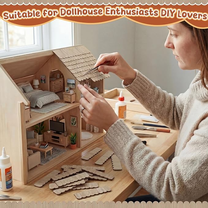 Wenqik 100 Strips Dollhouse Roof Shingles 4.25 x 1.14 Inches Each Mini Fish Scale Wooden Dollhouse Miniature Roofing for 1: 12 Scale Doll House Projects DIY Miniature Landscapes (Light Brown)
