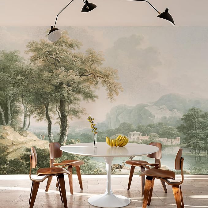 Vintage Forest Wall Murals Peel and Stick 148"x98" Canvas Waterproof | Self-Adhesive Removable Wallpaper for Bedroom Living Room Green Countryside Landscape Wall Art Decor