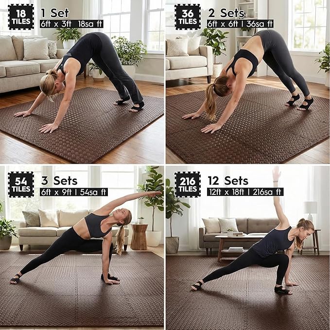 18 Tiles Puzzle Exercise Mat, EVA Interlocking Foam Floor Tiles, Non-Slip, Protective, Water-Resistant Flooring for Home Gym & Workout Equipment, 12.6" x 12.6" x 0.4", 18 Sq Ft