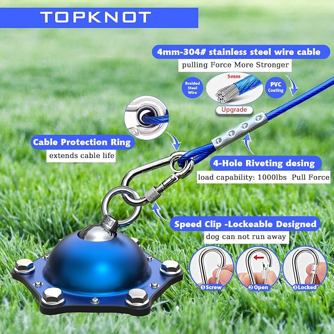 TOPKNOT Dog Tie Out Cable and Stake,(up to 200lbs) 360°Swivel Dog Run- No Tangle,with 30FT Heavy Duty Tie Out Cable for Dogs,Runner for Yard,Ideal for Outdoor Camping