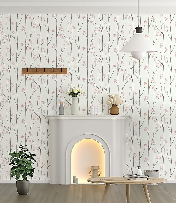 Timeet 197"x16" Floral Wallpaper Peel and Stick Wallpaper White and Pink Wallpaper Boho Self Adhesive Removable Wallpaper for Living Room Bedroom Bathroom Decor