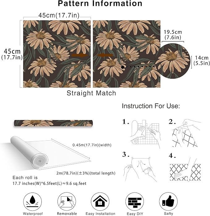 HAOKHOME Vintage Peel and Stick Wallpaper Floral Brown/PeachPuff/Green Daisy Wall Decor Home Bathroom Boho Decor 17.3in x 9.8ft