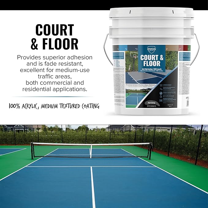 DYCO Court & Floor Anti-Slip Coating - Slip-Resistant Pavement, Cement & Concrete Paint for Pickleball, Tennis & Basketball Courts, Exceeds ADA Standards for Safety Areas (Ash Gray, 5 Gallons)