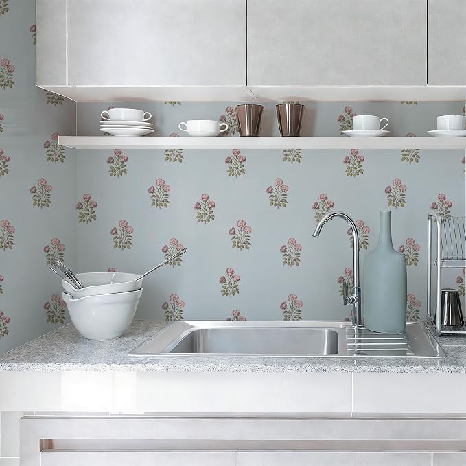17.3"× 590.5" Vintage Blue Floral Wallpaper Peel and Stick Boho Wallpaper Removable Waterproof Rose Pattern Contact Paper for Bedroom, Bathroom, Home Wall