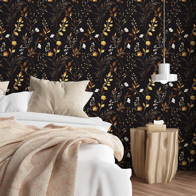 Black Floral Leaf Vintage Wallpaper Peel and Stick 17.5" × 118" | Self Adhesive/Removable/Waterproof/Thick Vinyl Contact Paper for Bathroom Bedroom Shelf Cabinet Drawer,Prepasted,Easy Peel