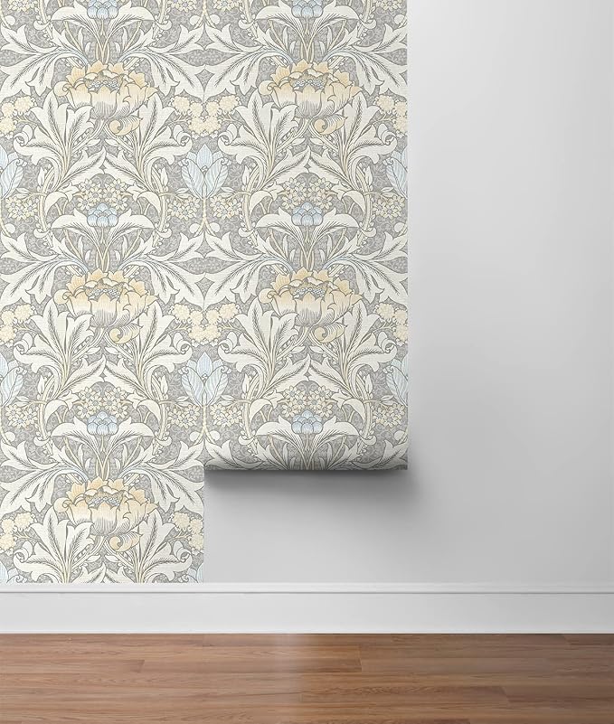 NextWall Acanthus Floral Peel and Stick Wallpaper (Daydream Grey & Pearl Blue)