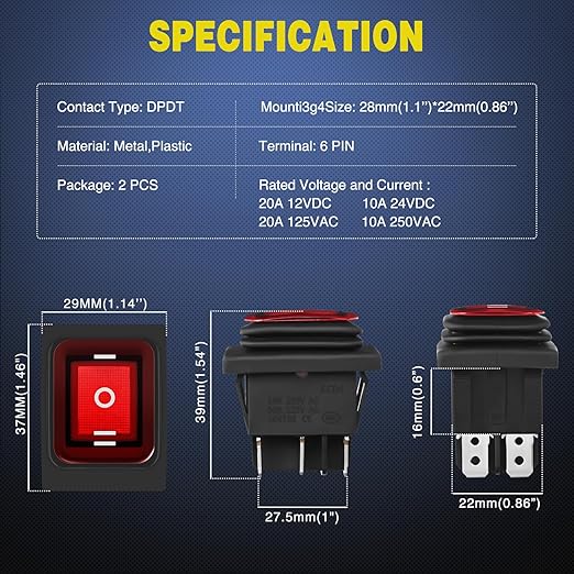 Nilight 6Pin On Off On Rocker Switch 2PCS Red LED Lighted IP67 Waterproof DPDT 3 Position Latching 20A 12VDC 125VAC Motor Toggle for Car Boat Automotive Vehicles