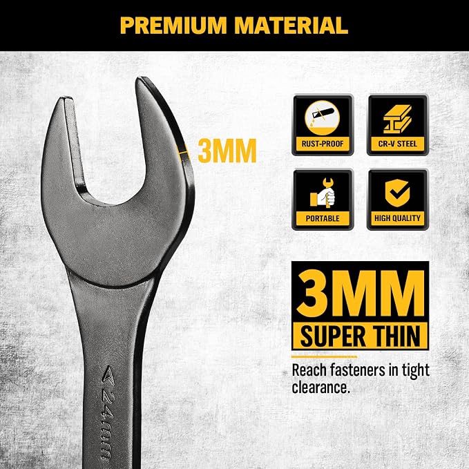 ELEAD 19-Piece Super-Thin Open End Wrench Set, Metric 5.5–27 mm & SAE 1/4"-1-1/16", CR-V Nickel Plated, 3 mm Thickness Ultra-Slim Wrench Set for Tight Spaces, Durable Roll-Up Pouch for Mechanics