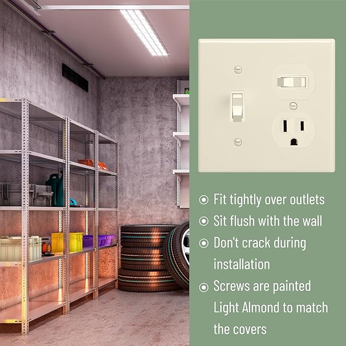 Bates- 2-Gang Combination Wall Plate, 4.88"x 4.92"/Mid-Size, Light Almond, Toggle Light Switch/Duplex Receptacle Outlet, 2 Gang Wall Plate for Electrical Outlets