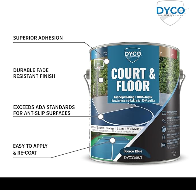 DYCO Court & Floor Anti-Slip Coating - Slip-Resistant Pavement, Cement & Concrete Paint for Pickleball, Tennis & Basketball Courts, Exceeds ADA Standards for Safety Areas (Space Blue, 1 Gallon)