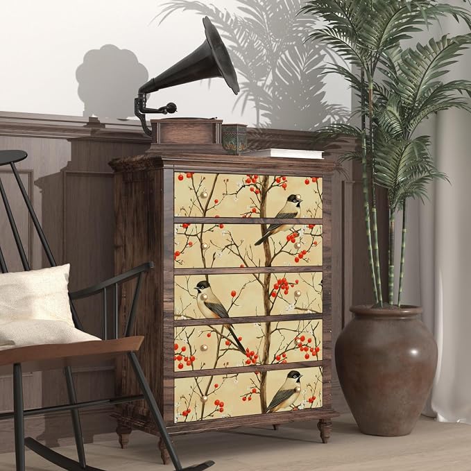 Yellow Bird Wallpaper Peel and Stick, Vintage Tree Botanical Contact Paper 17.5" x 393", Retro Floral Fruits Wall Paper Self Adhesive Removable Waterproof for Bedroom Walls Shelf Cabinet Drawer Table