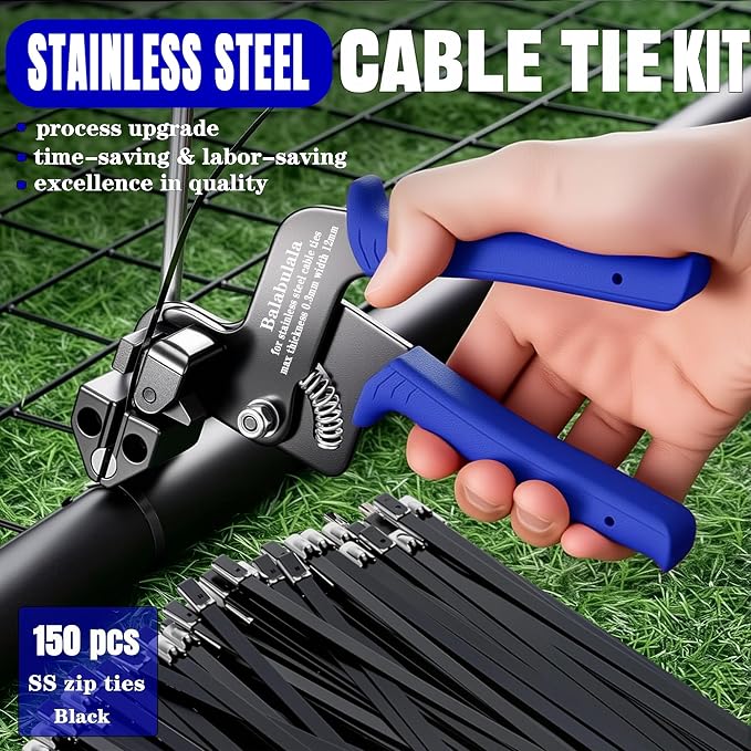 155pcs Heavy Duty 304 Stainless Steel Cable Tie Gun Kit | 150pcs(3 Sizes) Black Metal Zip Ties, Self-Locking, UV & Corrosion Resistant, for Fence, Exhaust Wrap, Chicken Coop, Farm Use