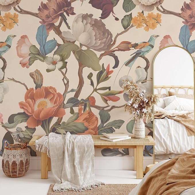 Zeeko Vintage Floral Wallpaper Peel and Stick Large Beige Flower Wall Murals for Bedroom TV Background Wall Paintings Art Deco 148" W x 98" H