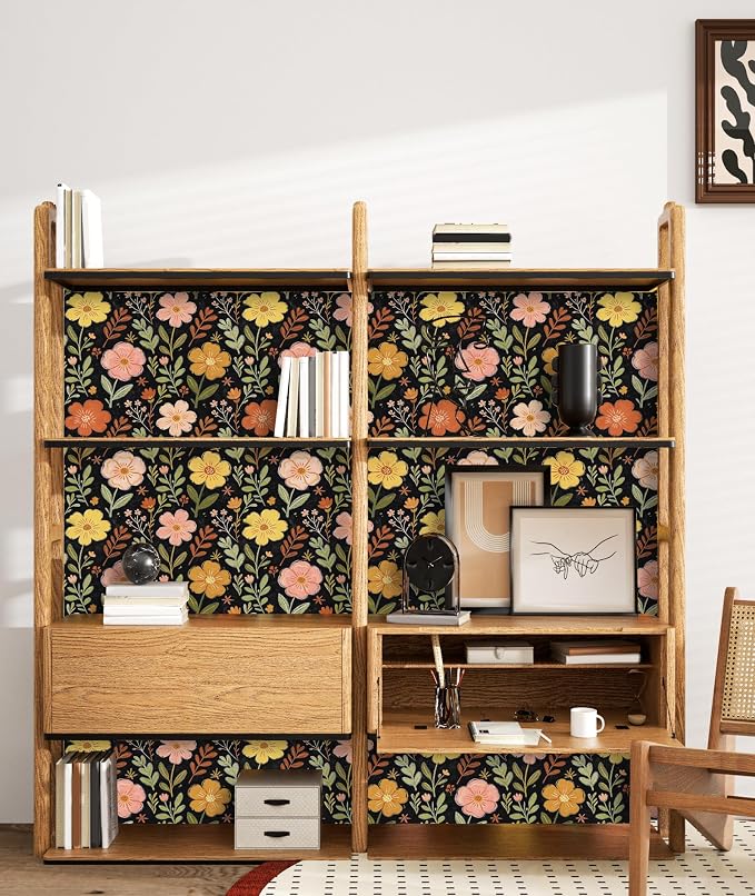 ILHIIOR Black/Orange Floral Peel and Stick Wallpaper 17.5 x 118 Inches | Leaf Removable Self Adhesive Waterproof Contact Paper, Renter Friendly Decor for Cabinets, Drawers & Bedroom Walls