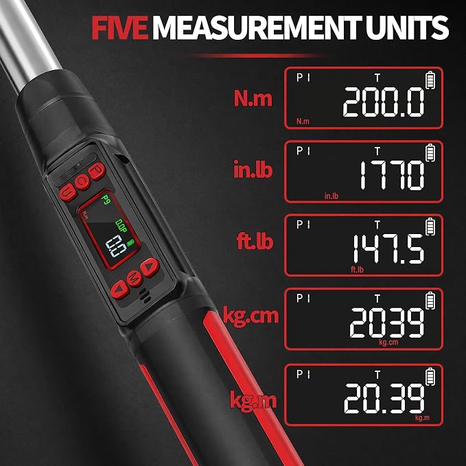 1/2" Digital Torque Wrench Set 6Pcs, 14.7-295Ft-lb(20-400Nm) ±2% Acc, Triple Vib/Beep/LED Alert, 5 Units, Torque Preset, Non-Marring Sockets, Ext Bar, Hard Case, Car Truck RV Tire Suspension Tool