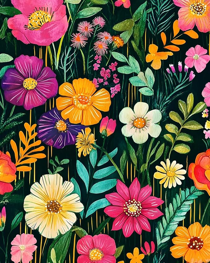 BOKEBEVE Floral Wallpaper Peel and Stick Boho Green Colorful 17.5 x 118In | Removable Self Adhesive Renter Friendly Vintage Flower Wall Paper for Bedroom Bathroom Living Room Feature Accent Wall
