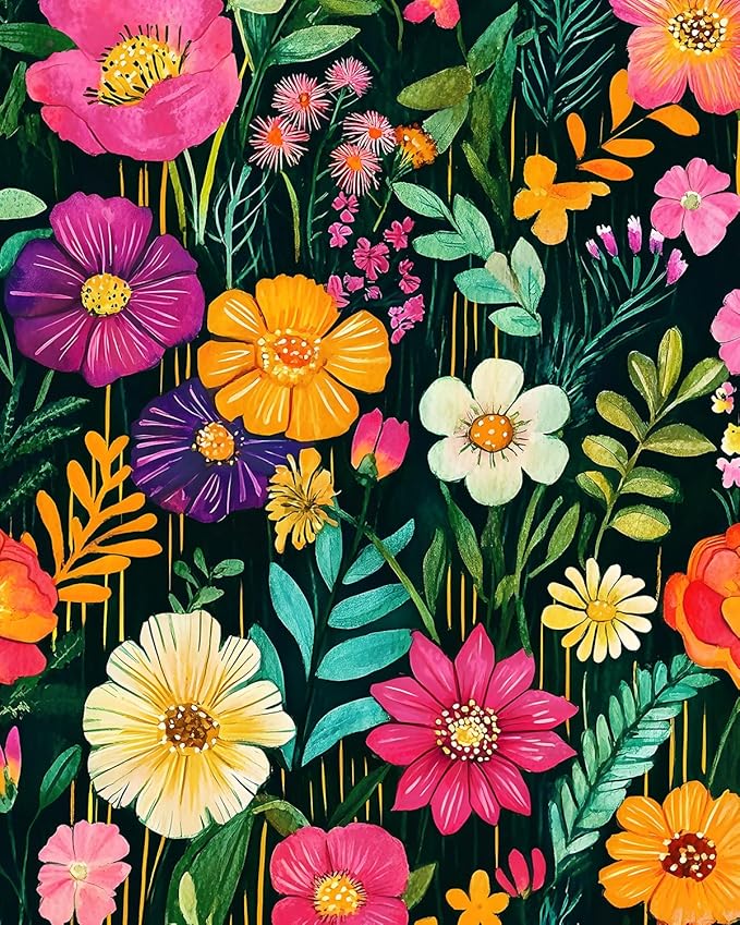 BOKEBEVE Floral Wallpaper Peel and Stick Boho Green Colorful 17.5 x 78.5In | Removable Self Adhesive Renter Friendly Vintage Flower Wall Paper for Bedroom Bathroom Living Room Feature Accent Wall