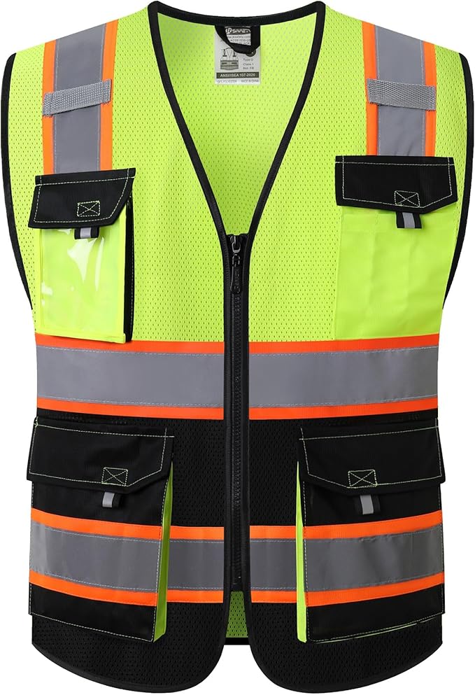 JKSafety Hi Vis Reflective Safety Vests for Men Women High Visibility Vest with Pockets Mesh Fabric Construction Safety Apparel Neon Vest for Work (220-YBlack XXL)