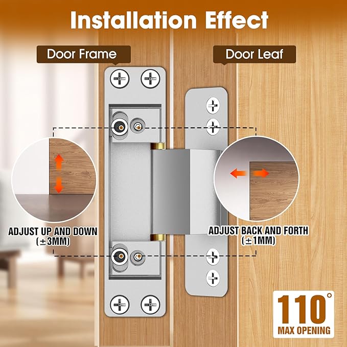 4.5" Hidden Door Hinge/Concealed Hinges,Invisible Hinges,Invisible Door Silent Door Hinge 110 Degree Swing Hinge 2-Way Adjustable Butt Hinge 4.5 x 2 x 1 (2, Silver)