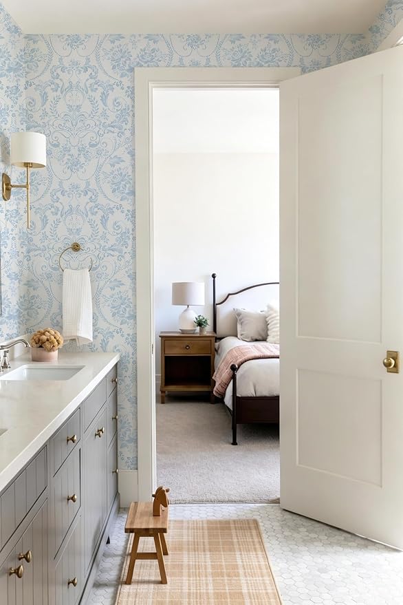 Ismoon Blue and White Wallpaper Floral Peel and Stick Wallpaper 17.3in x 32.8ft Vintage Damask Blue Contact Paper Boho Removable Watercolor Wall Paper for Bedroom Bthroom Kitchen Décor Vinyl