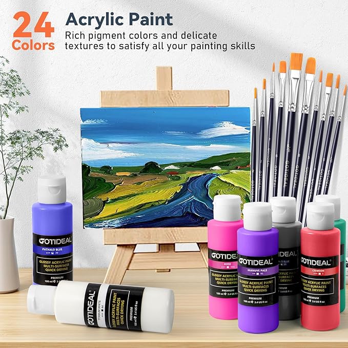 GOTIDEAL Acrylic Paint Set with Paint Brushes, 24 Colors(100ml, 3.4 oz) Paint Kit,Perfect for Artist, Beginner, Ideal for Wood, Canvas, Rocks, Craft Painting Supplies