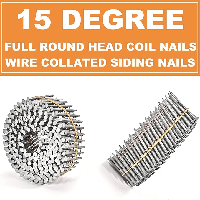 3600 Count Siding Nails, 15-Degree 1-1/4 Inch *.092 Wire Collated Coil Ring Shank Nails, Full Round Head Hot-Dipped Galvanized Siding Nailer Attachment Replacement Parts