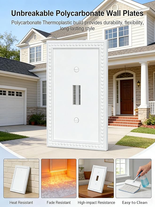 ZEFTV 20 Pack Mid-Size Toggle Light Switch Wall Plates 1-Gang Switch Electrical Cover Plate Unbreakable Thermoplastic Faceplate, Classic Beaded Relief Design, White